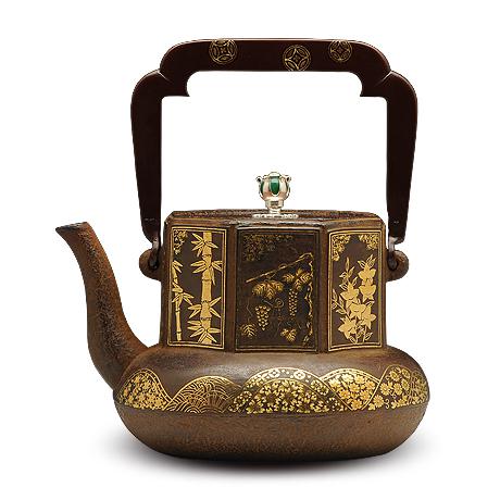 云色堂 满工嵌金八角茶磨形铁壶